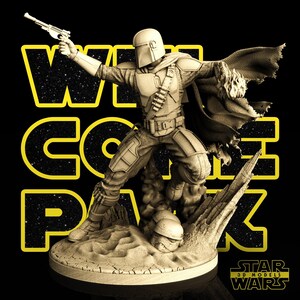 May include: A detailed figurine of The Mandalorian from Star Wars, holding a blaster. The figure is in a dynamic pose, standing on a textured base with a fallen helmet. The words "WILL COME BACK" are in yellow block letters. The Star Wars logo is visible.