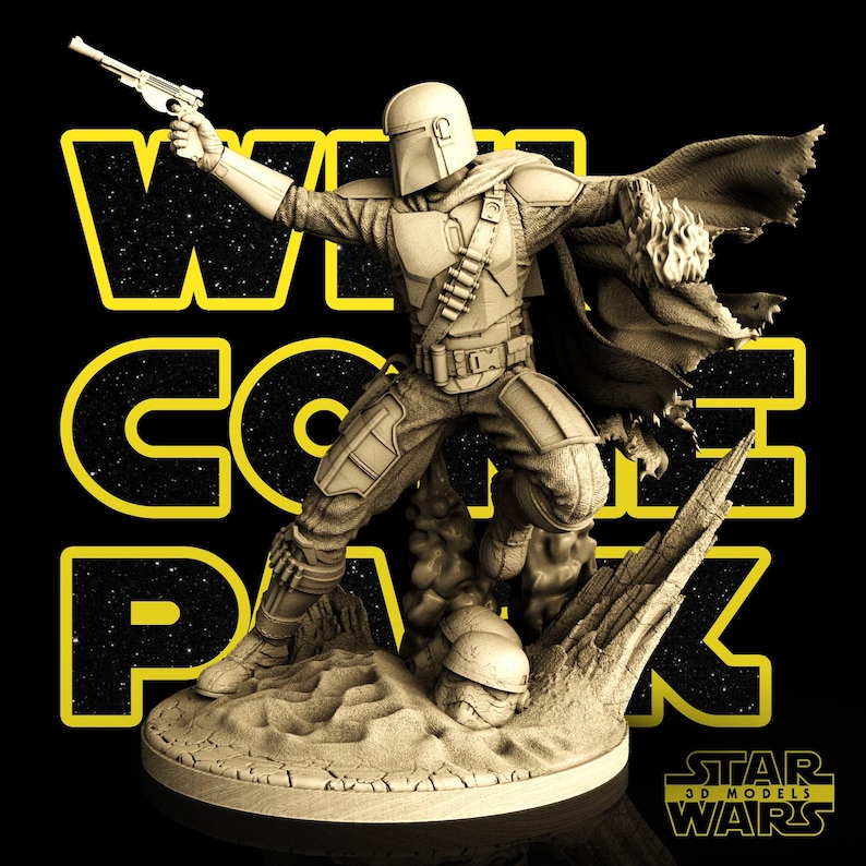 May include: A detailed figurine of The Mandalorian from Star Wars, holding a blaster. The figure is in a dynamic pose, standing on a textured base with a fallen helmet. The words "WILL COME BACK" are in yellow block letters. The Star Wars logo is visible.