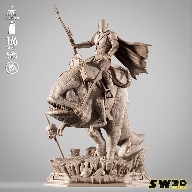 May include: A detailed resin statue of a character from The Mandalorian riding a dinosaur-like creature. The figure is clad in armor and holds a spear. The statue is 1/6 scale and features intricate details, with the text "TESTED PRESUPPORTED" and "RESIN & FDM".