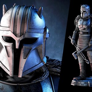 May include: A detailed image of a Mandalorian helmet and figure. The helmet is silver and blue with a distinctive T-shaped visor. The figure is clad in armor, holding tools, and standing on a base. The Star Wars logo is visible.