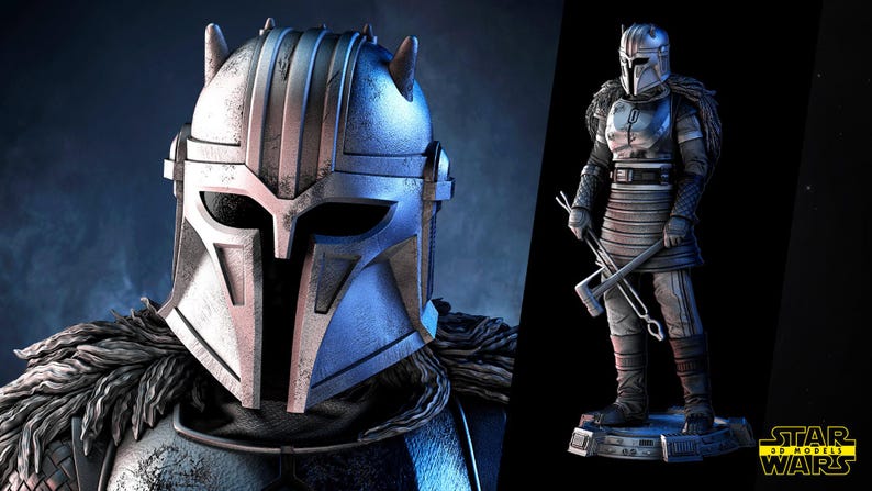 May include: A detailed image of a Mandalorian helmet and figure. The helmet is silver and blue with a distinctive T-shaped visor. The figure is clad in armor, holding tools, and standing on a base. The Star Wars logo is visible.