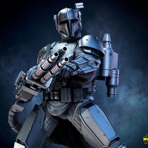 May include: A detailed 3D model of a Mandalorian warrior in full armor, holding a multi-barreled weapon. The figure is predominantly gray and silver, with a helmet and jetpack. The Star Wars logo is visible in the bottom right corner.