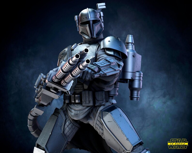 May include: A detailed 3D model of a Mandalorian warrior in full armor, holding a multi-barreled weapon. The figure is predominantly gray and silver, with a helmet and jetpack. The Star Wars logo is visible in the bottom right corner.