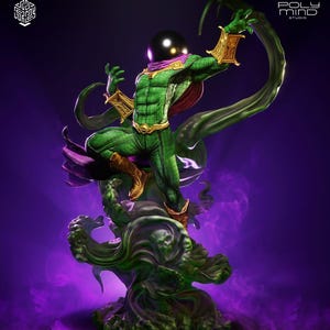 May include: A detailed statue of a character in a green and gold costume with a black helmet and purple accents. The figure is posed dynamically atop a swirling green and purple base, with a dark purple background.
