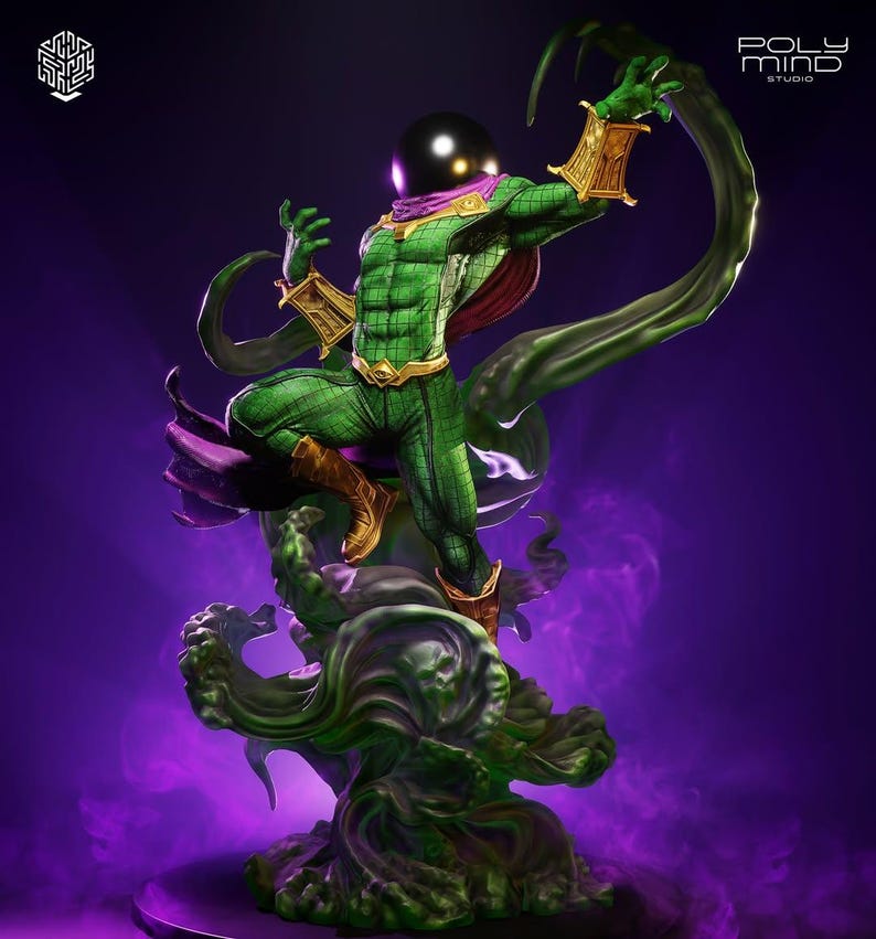 May include: A detailed statue of a character in a green and gold costume with a black helmet and purple accents. The figure is posed dynamically atop a swirling green and purple base, with a dark purple background.