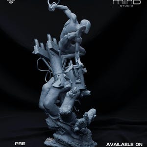 May include: A gray 3D-printed statue of a superhero figure in a dynamic pose, clinging to a utility pole. The statue is detailed with intricate textures and features the text "PRE SUPPORTED FILES" and "AVAILABLE ON PATREON".