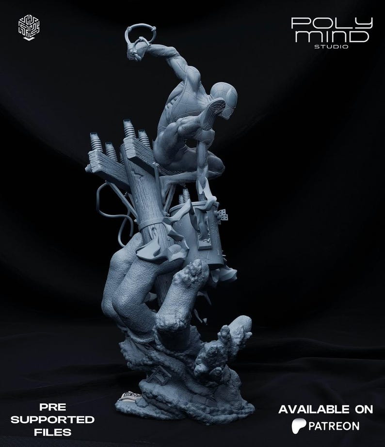 May include: A gray 3D-printed statue of a superhero figure in a dynamic pose, clinging to a utility pole. The statue is detailed with intricate textures and features the text "PRE SUPPORTED FILES" and "AVAILABLE ON PATREON".