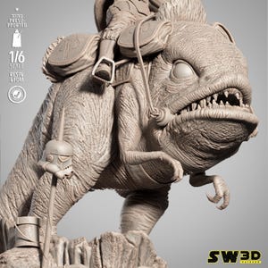 May include: A detailed, beige-colored 1/6 scale resin and FDM model of a creature with a rider. The creature has a large head with sharp teeth and a saddle. A Stormtrooper helmet is attached to a pole. The model is labeled "SW3D Patreon".