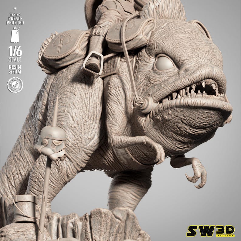 May include: A detailed, beige-colored 1/6 scale resin and FDM model of a creature with a rider. The creature has a large head with sharp teeth and a saddle. A Stormtrooper helmet is attached to a pole. The model is labeled "SW3D Patreon".