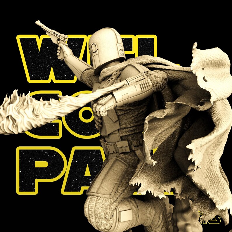 May include: A sepia-toned image of a Mandalorian figure in action, holding a blaster and cape billowing behind him. The figure is set against a black background with the words "W GO PA" in yellow, stylized text, evoking a sense of action and adventure.