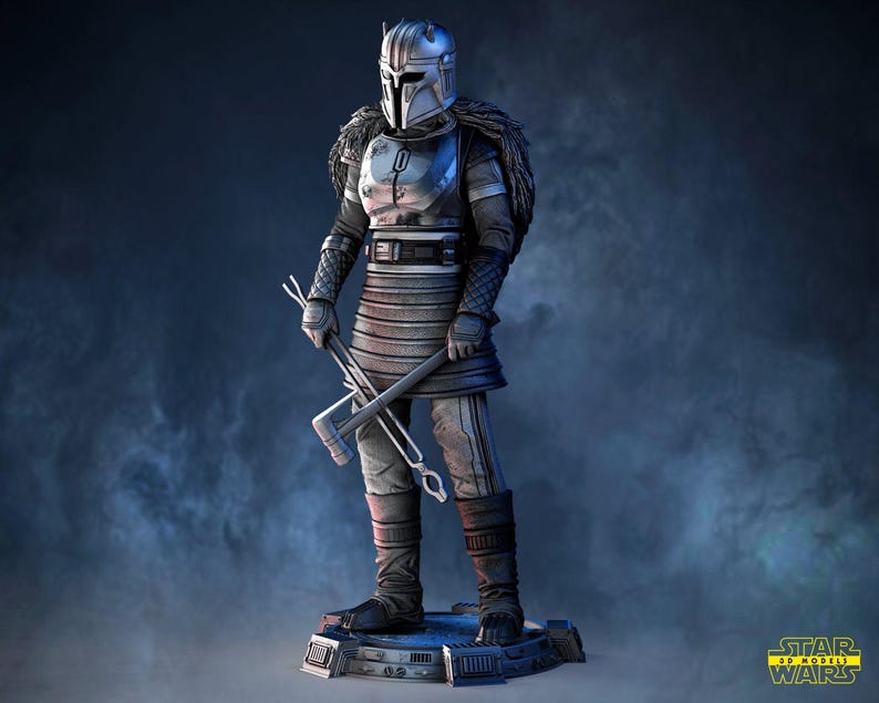 May include: A detailed 3D model of a Mandalorian warrior in full armor, holding two weapons. The figure is predominantly silver and black, with a helmet and chest plate. The model stands on a rectangular base with the Star Wars logo.