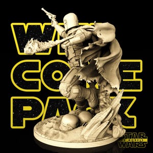 May include: A beige Mandalorian action figure in a dynamic pose, holding a blaster and cape. The figure is on a rocky base with the words "WARS" and "CO" and "PACK" in yellow block letters. The Star Wars logo is visible.