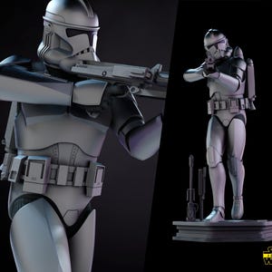May include: A grayscale image of a Star Wars clone trooper in full armour, holding a blaster rifle. The figure is posed dynamically, with a second, smaller figure in the background. The image has a 3D render style, with the Star Wars logo in the bottom right.