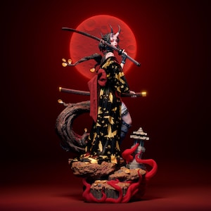 May include: A detailed figurine of a female warrior with horns, holding a katana, set against a red backdrop with a full moon. She wears a black kimono with gold bird patterns and a red obi. The base features a stone lantern and red, tentacle-like accents.