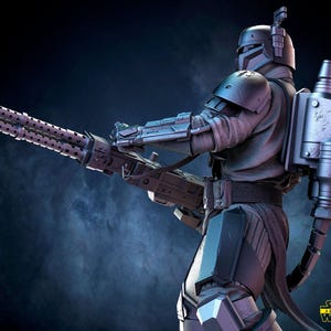 May include: A detailed figure of a character in a gray and silver armored suit, holding a large, multi-barreled weapon. The figure has a jetpack on its back. The Star Wars 3D Models logo is in the bottom right corner.