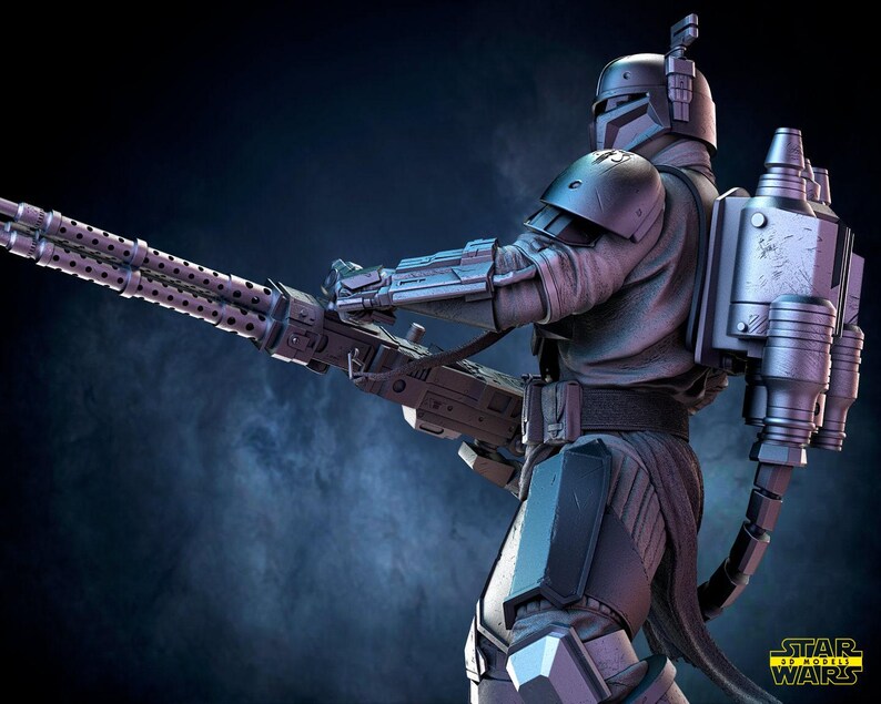 May include: A detailed figure of a character in a gray and silver armored suit, holding a large, multi-barreled weapon. The figure has a jetpack on its back. The Star Wars 3D Models logo is in the bottom right corner.