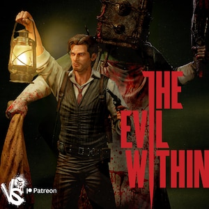 May include: A digital illustration featuring a man holding a lantern and a gun, with the text "THE EVIL WITHIN" in red. The man is dressed in a vest and tie, with a figure in the background. The image has a horror theme.