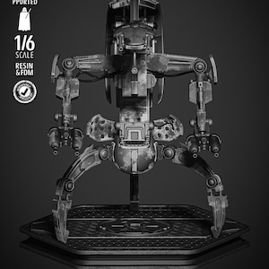 May include: A detailed, grayscale 1/6 scale resin and FDM model of a battle droid. The model has a weathered, metallic appearance and is mounted on a hexagonal base. The image includes text that reads "TESTED PRESUPPORTED" and "SW3D PATREON".