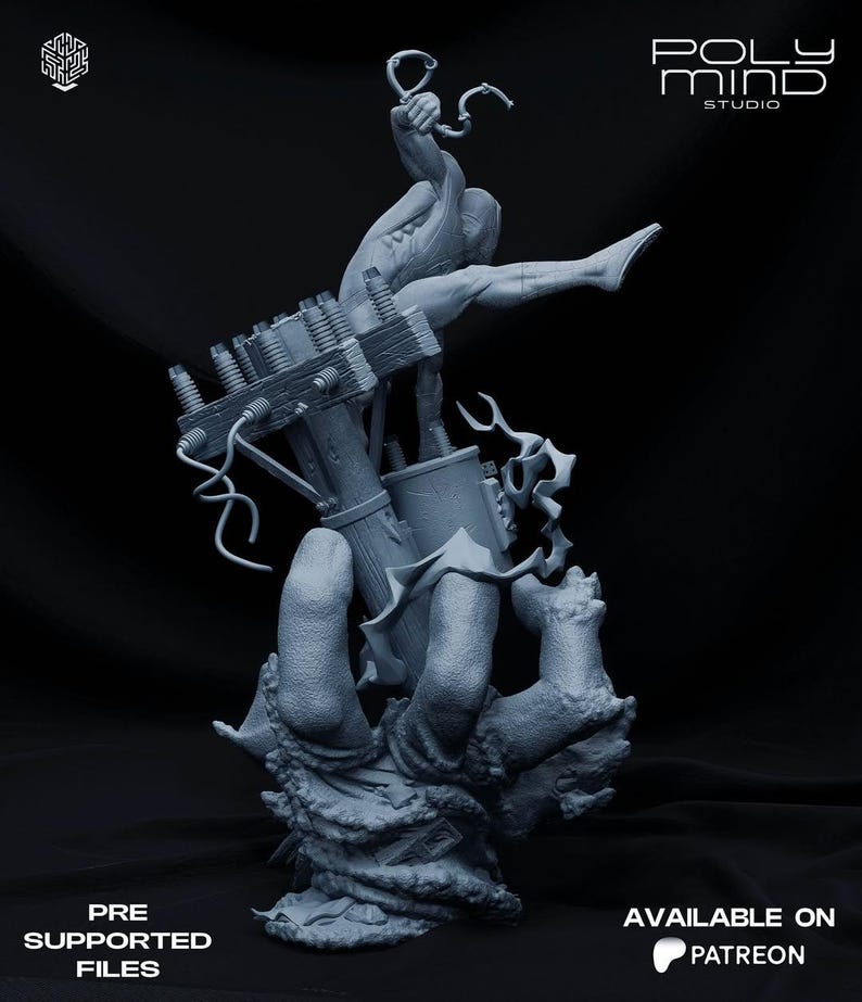 May include: A gray, detailed sculpture of a figure holding a weapon, with a mechanical structure and a textured base. The sculpture has the text "PRE SUPPORTED FILES" and "AVAILABLE ON PATREON".