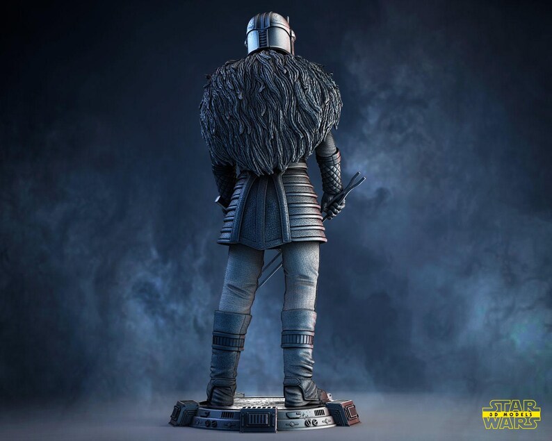May include: A detailed statue of a character from Star Wars, viewed from the back. The figure is clad in dark armor with a fur-like collar and holds two swords. The base is a detailed platform. The Star Wars logo is visible in the bottom right corner.