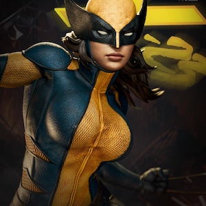 May include: A detailed 1/6 scale figure of a female superhero. She wears a yellow and blue costume with a mask. The figure has a dynamic pose, with a focus on the character's physique and costume details. The figure is available on Patreon.