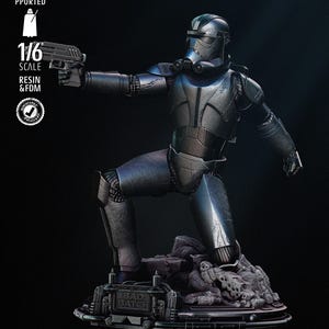 May include: A detailed 1/6 scale resin and FDM figure of a character from "The Bad Batch" series. The figure is in a dynamic pose, holding a blaster, with a dark colour scheme and intricate armour details. The figure is mounted on a rocky base.