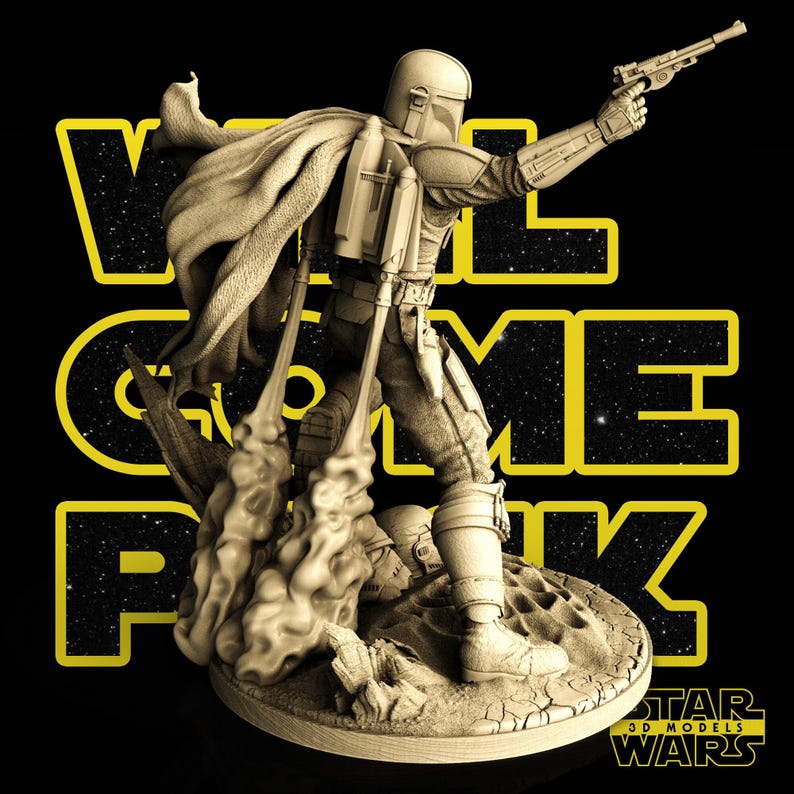May include: A detailed beige figurine of The Mandalorian from Star Wars, holding a blaster and standing on a textured base with a jetpack. The figure is set against a black background with yellow text that reads "WELCOME PARK" and "STAR WARS 3D MODELS".