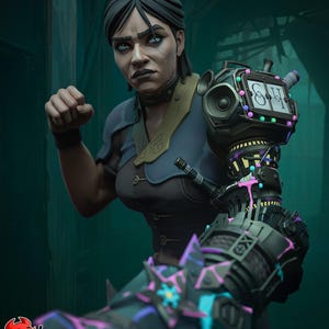 May include: A digital illustration of a person with a cybernetic arm, posed in a fighting stance. The arm features intricate mechanical details with purple and blue accents. The person wears a dark blue and black outfit. The image has the text "PATREON H3LL CREATOR".
