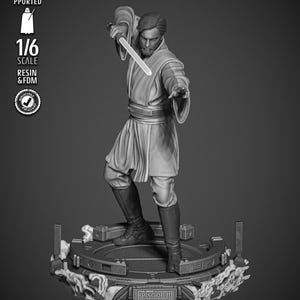 May include: A monochrome figurine of a Star Wars Episode III character wielding a lightsaber. The figure is on a detailed platform. The image includes text that reads "1/6 SCALE RESIN & FDM" and "SW3D PATREON".