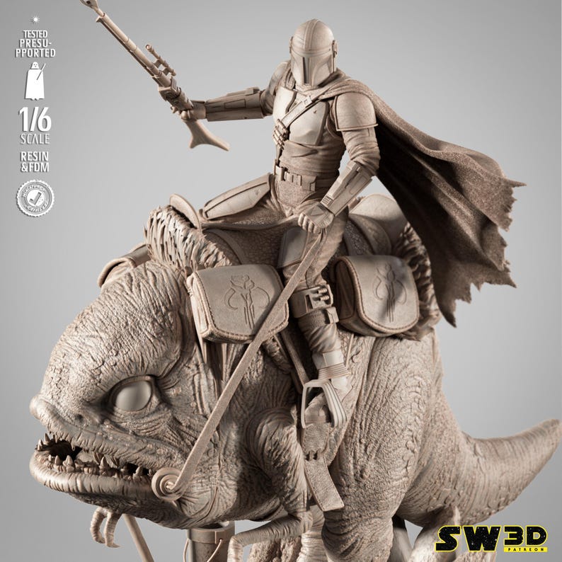 May include: A detailed resin statue of The Mandalorian riding a blurrg. The figure is in a dynamic pose, holding a weapon, with a cape flowing behind. The blurrg has saddlebags and detailed textures. The statue is 1/6 scale.