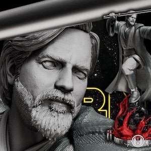 May include: A monochrome sculpture of a Star Wars character, with a detailed face and beard, holding a lightsaber. The background features a smaller figure and the Star Wars logo. The base has red accents.