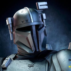 May include: A detailed, close-up of a Mandalorian helmet, featuring a weathered, metallic finish. The helmet has a T-shaped visor and various attached components. The image is set against a dark, smoky background, with the Star Wars 3D Models logo in the corner.