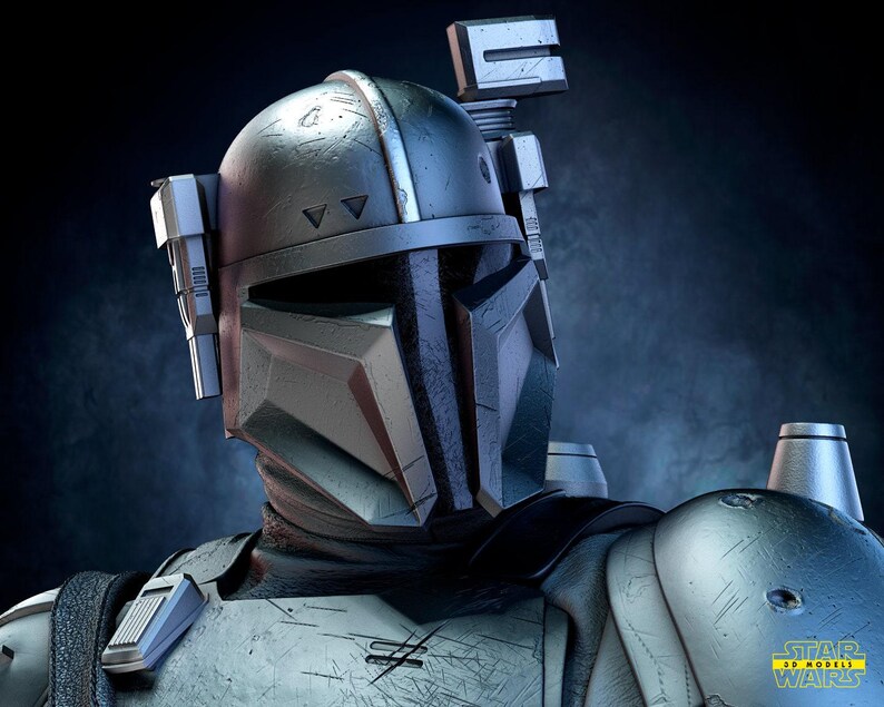 May include: A detailed, close-up of a Mandalorian helmet, featuring a weathered, metallic finish. The helmet has a T-shaped visor and various attached components. The image is set against a dark, smoky background, with the Star Wars 3D Models logo in the corner.