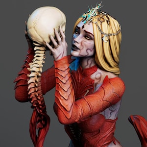 May include: A detailed sculpture of a figure in red armor holding a skull and spine. The figure has pale skin, blonde hair, and a decorative headpiece. The spine extends down, transitioning from bone to red.