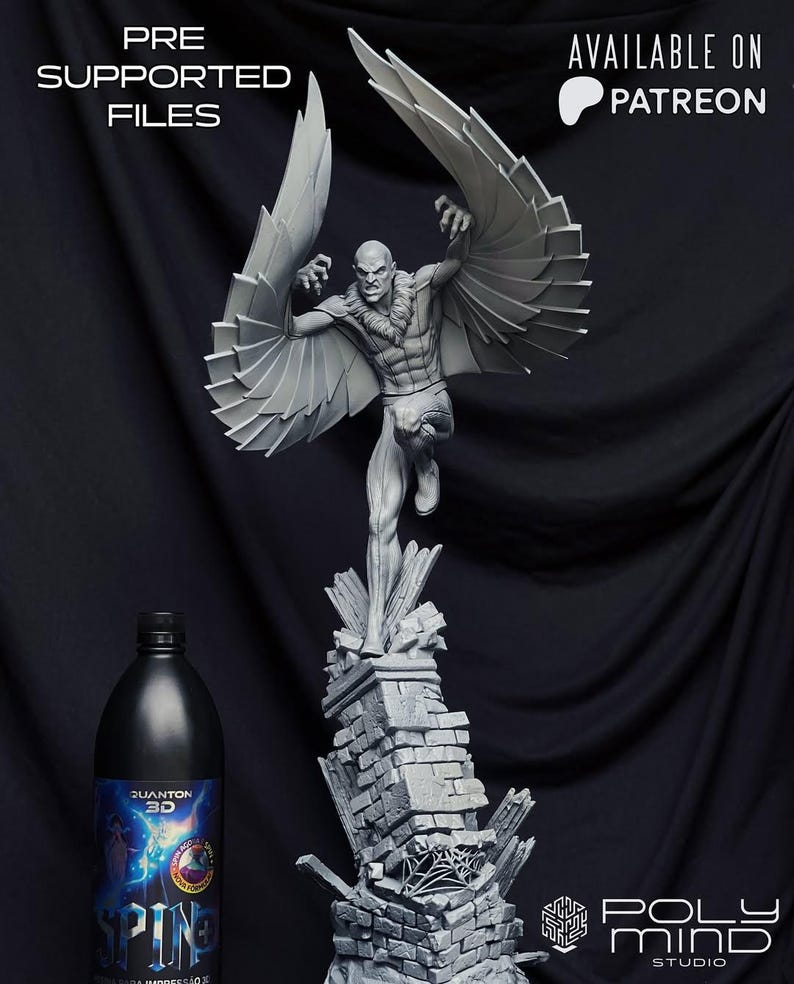 May include: A gray 3D-printed figurine of a winged humanoid figure, posed dynamically atop a crumbling brick structure. The figure has outstretched wings and a menacing expression. The image includes text that says "PRE SUPPORTED FILES" and "AVAILABLE ON PATREON". A black bottle is in the image.