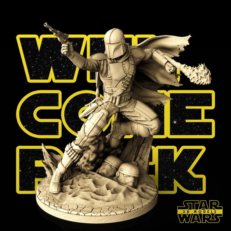 May include: A beige Mandalorian figurine in a dynamic pose, holding a blaster and a weapon, set against a black background with yellow text that reads "WELCOME BACK". The base features two helmets and the Star Wars logo.