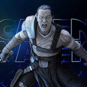 Op de afbeelding: Een digitale afbeelding van een Star Wars-personage met twee blauwe lichtzwaarden. Het personage draagt een grijs en zwart kostuum, met een agressieve uitdrukking. De achtergrond toont de tekst "GAME MARK" en het Star Wars-logo.