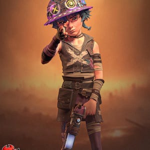 May include: Digital artwork of a character in a purple and blue hat with goggles, a black vest, and a skirt, pointing at the viewer. The character holds a futuristic weapon. The background is a warm orange hue.