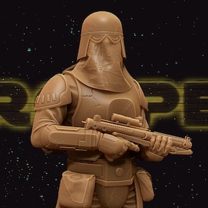 May include: A tan-coloured figure of a trooper from a science fiction franchise, holding a blaster rifle. The figure is wearing a helmet and armour. The word "TROOPER" is displayed in yellow, along with the logo "SW3D PATREON".