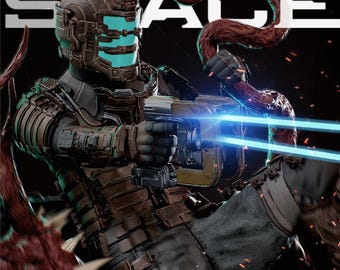 May include: A digital artwork featuring a character from "Dead Space" in a futuristic space suit, aiming a weapon with blue energy beams. The character is surrounded by dark, organic tendrils against a black background. The game title is displayed in white.