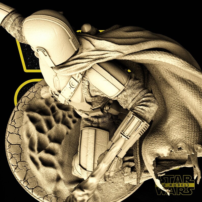 May include: A sepia-toned figurine of a character from Star Wars, wearing a helmet, armor, and a cape. The figure is holding a blaster and stands on a textured base. The Star Wars logo is visible.