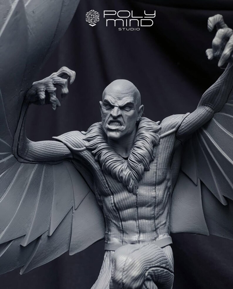 May include: A grayscale sculpture of a bald, muscular figure with large wings, a feathered collar, and an angry expression. The figure's arms are outstretched, and the sculpture is detailed with visible muscles and textures. The Poly Mind Studio logo is in the top left.