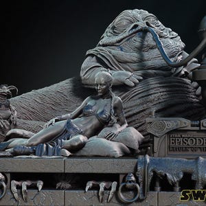 Leia and Jabba the Hutt Diorama 3D Printed Figure, Star Wars Scene, Unpainted