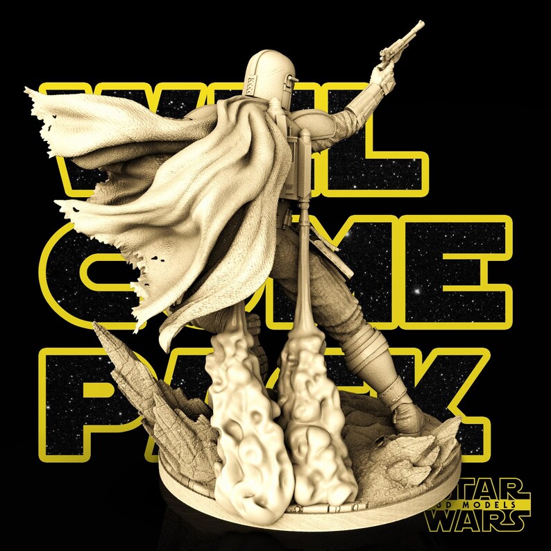 May include: A beige Mandalorian figure, holding a blaster, stands atop a rocky base with jet flames. The figure wears a helmet and cape. The background is black with yellow text that reads "WELCOME PACK" and "STAR WARS 3D MODELS".
