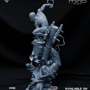 May include: A gray 3D-printed statue of Spider-Man crouching on a transformer, holding a web-shooter. The statue is detailed with textures and mechanical elements. Text on the image reads "PRE SUPPORTED FILES" and "AVAILABLE ON PATREON".