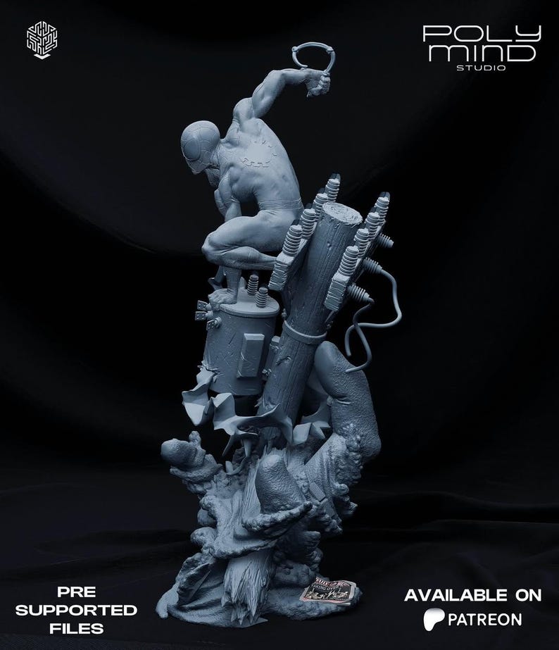 May include: A gray 3D-printed statue of Spider-Man crouching on a transformer, holding a web-shooter. The statue is detailed with textures and mechanical elements. Text on the image reads "PRE SUPPORTED FILES" and "AVAILABLE ON PATREON".