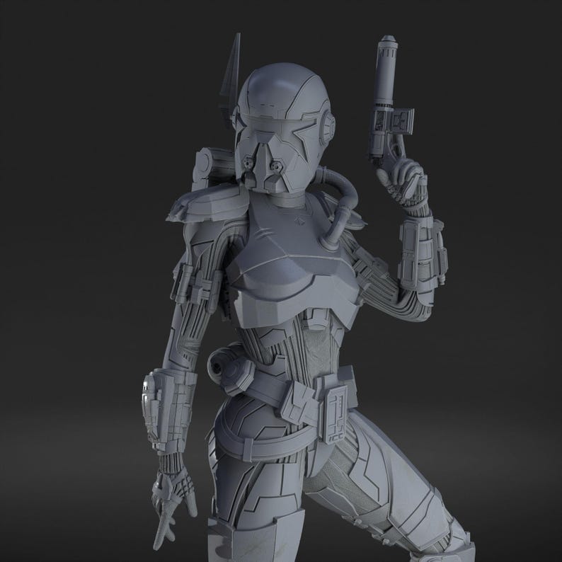 Puede incluir: Una figura gris y futurista con armadura, posiblemente un cosplay o un objeto de colecci&oacute;n. La figura lleva un casco, una armadura en el pecho y un cintur&oacute;n de herramientas. Sostiene una pistola bl&aacute;ster. El dise&ntilde;o sugiere un tema de ciencia ficci&oacute;n o space opera.