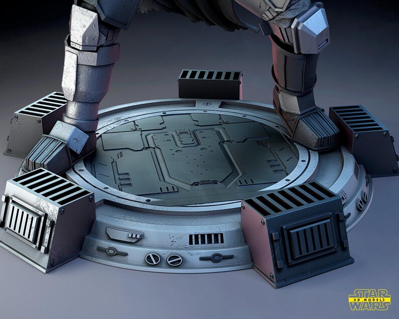 May include: A detailed, futuristic platform with a circular design and intricate paneling. The platform is surrounded by rectangular structures with a metallic finish. The image features a Star Wars 3D Models logo.