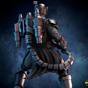 May include: A detailed action figure of a character from Star Wars, viewed from the back. The figure is clad in a dark gray and silver armored suit with a jetpack and a segmented tail. The figure is set against a dark blue background with the Star Wars logo.