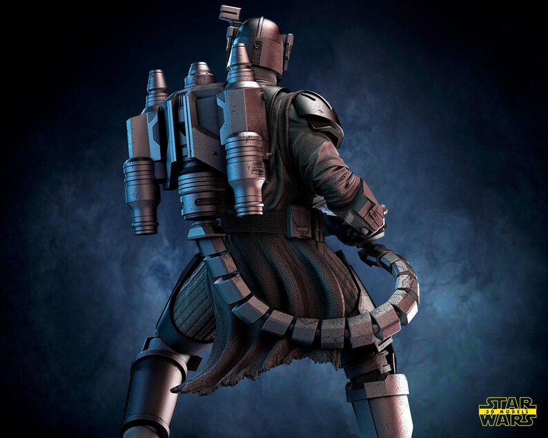 May include: A detailed action figure of a character from Star Wars, viewed from the back. The figure is clad in a dark gray and silver armored suit with a jetpack and a segmented tail. The figure is set against a dark blue background with the Star Wars logo.